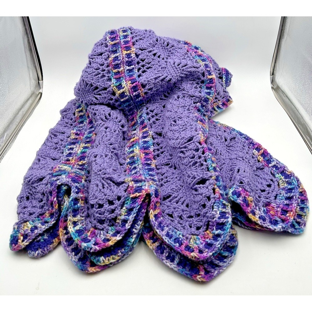 Handmade Crochet Purple Lilac Lace Stitch Ripple Afghan Throw Blanket 56X80‎